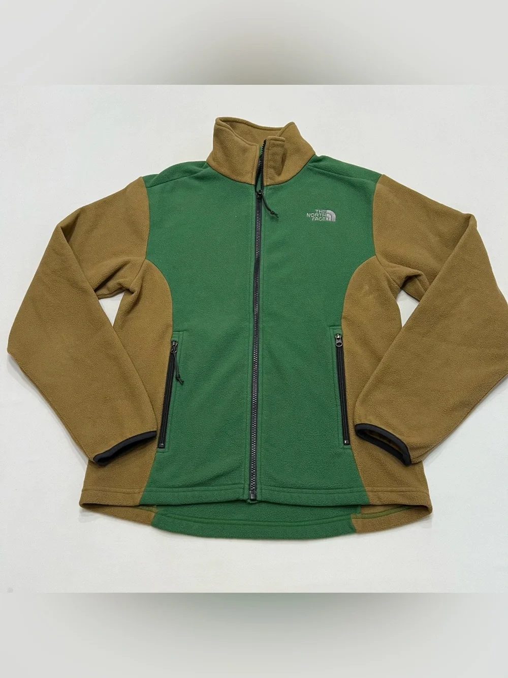 The North Face Full Zip Fleece Sweater Green Tan Color Block Men's Size Small